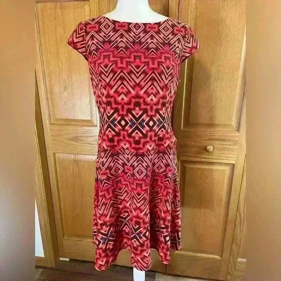 Anne‎ Klein Orange Red Geometric Aztec Abstract Print Zip Up Dress Sz 12P - Picture 1 of 10